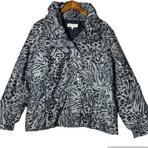 Jones New York Sport Puffer Zip-Up Jacket Gray Animal Print